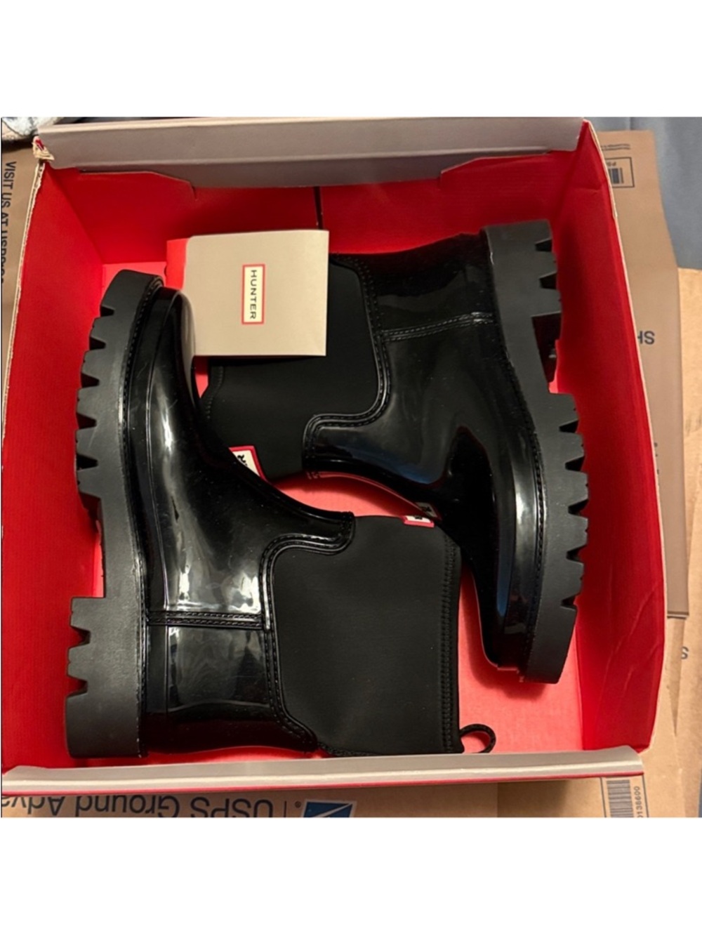 Hunter Black Chelsea Rain Boots with Red Logo Trim